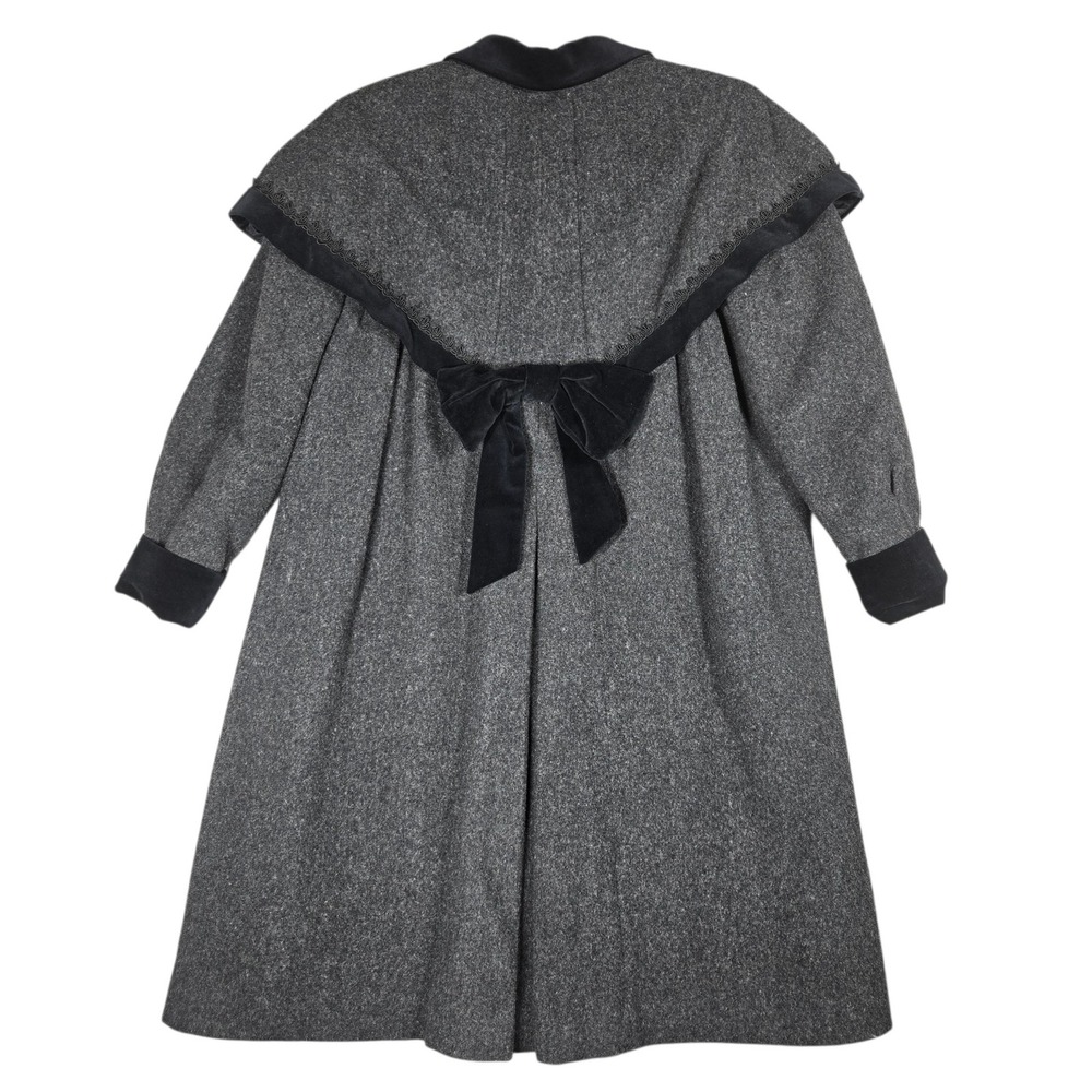 Vintage Rothschild Girls 12 Wool Coat Gray Velvet Bow Capelet Long Made USA